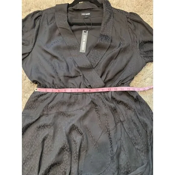 Steve Madden Women's L Black Shiny Leopard Faux Wrap Dress Knee Length - Picture 12 of 13